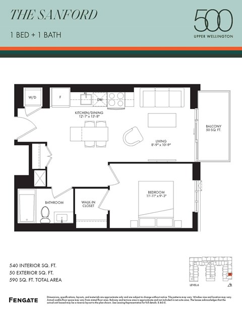 Floor plan for 1 bed, 1 bath, 540 sqft
